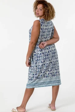 Roman Curve Blue Geo Stretch Cocoon Dress