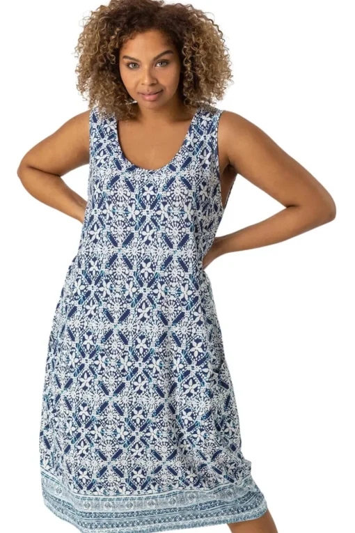 Roman Curve Blue Geo Stretch Cocoon Dress