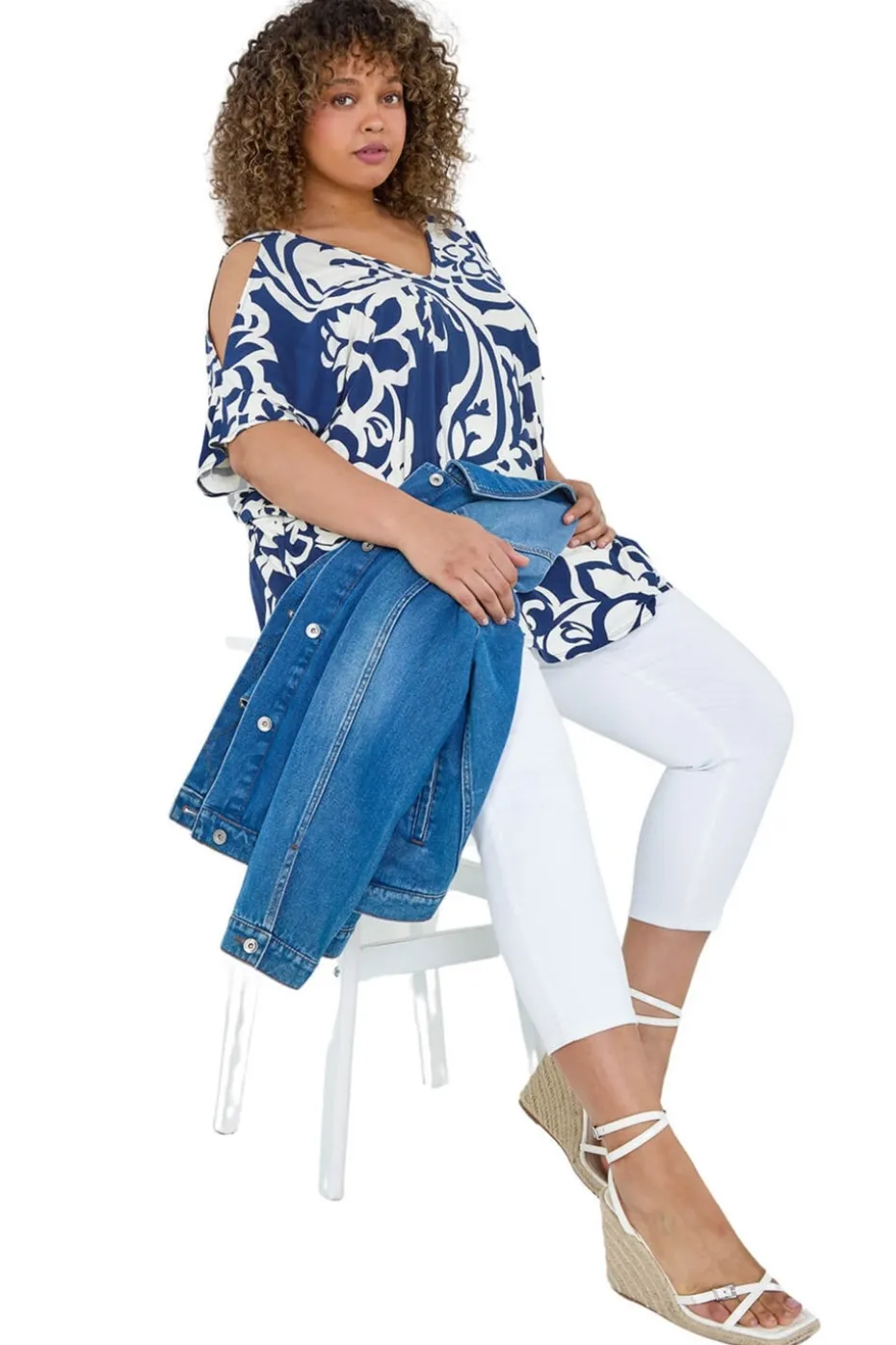 Roman Curve Navy Floral Print Cold Shoulder Top