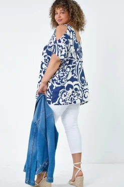 Roman Curve Navy Floral Print Cold Shoulder Top