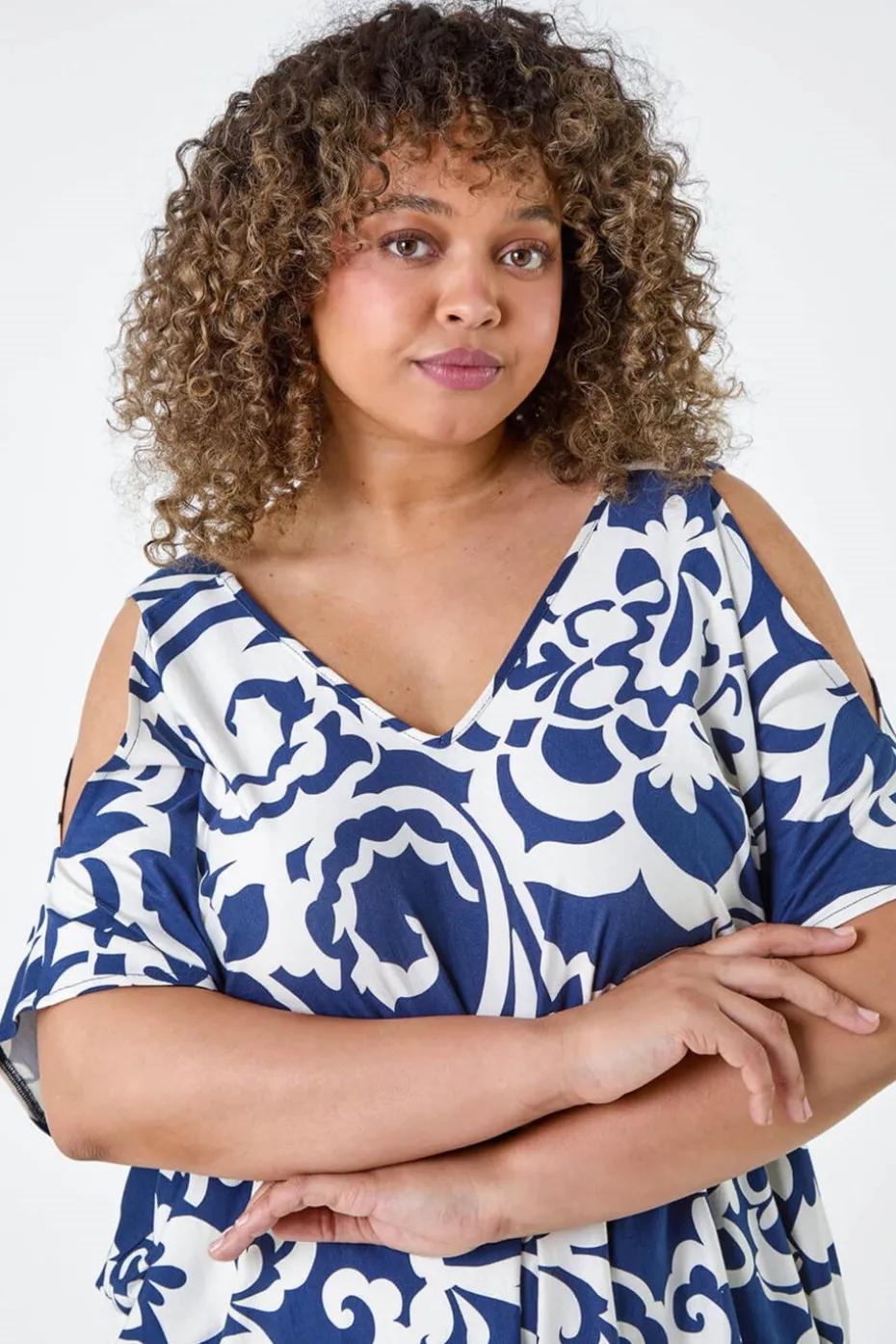 Roman Curve Navy Floral Print Cold Shoulder Top