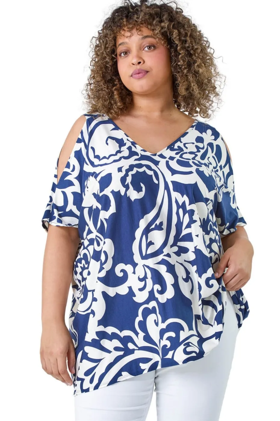 Roman Curve Navy Floral Print Cold Shoulder Top