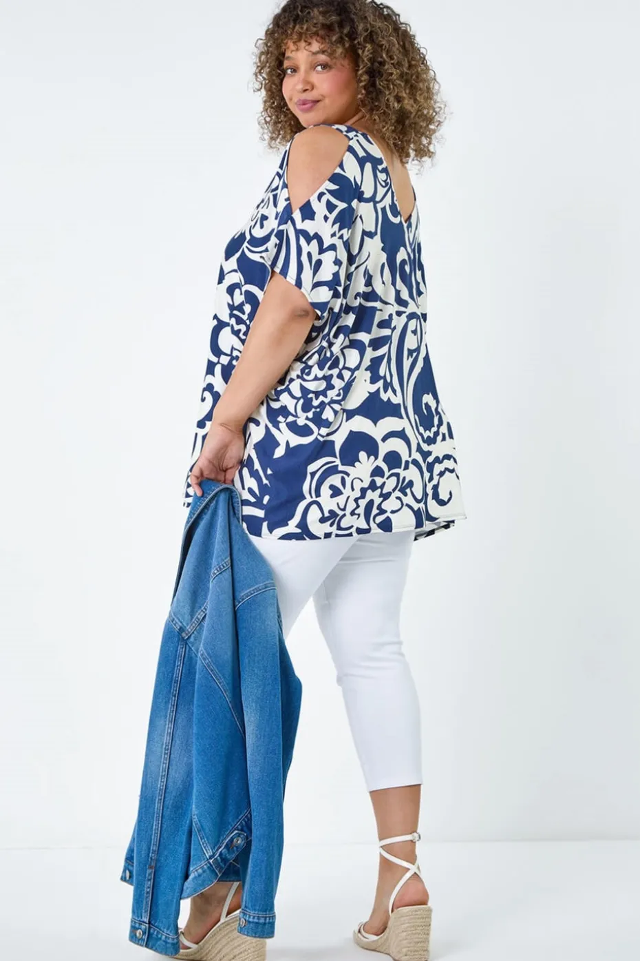 Roman Curve Navy Floral Print Cold Shoulder Top