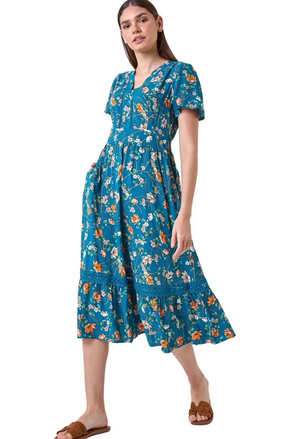 Roman Dark Green Floral Lace Trim Pocket Midi Dress