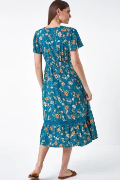 Roman Dark Green Floral Lace Trim Pocket Midi Dress