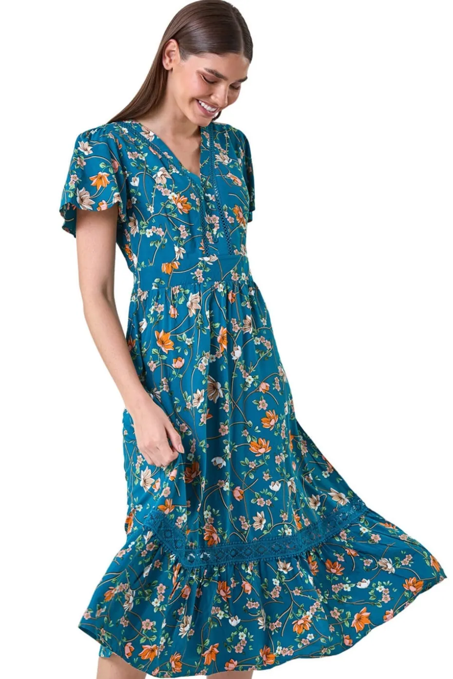 Roman Dark Green Floral Lace Trim Pocket Midi Dress