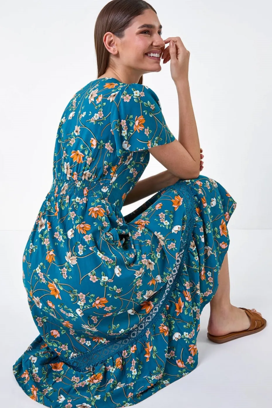 Roman Dark Green Floral Lace Trim Pocket Midi Dress