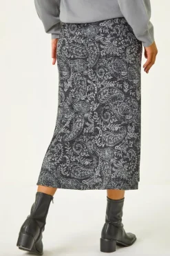 Roman Dark Grey Leaf Print Paneled Tulip Skirt