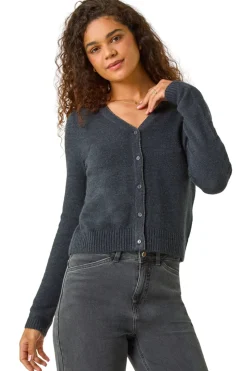 Roman Dark Grey Shimmer V-Neck Ribbed Cardigan