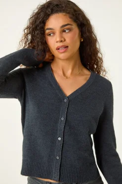 Roman Dark Grey Shimmer V-Neck Ribbed Cardigan