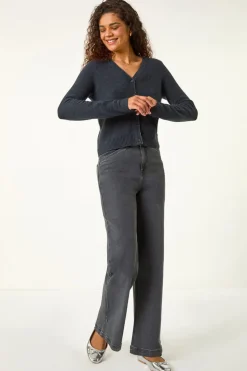 Roman Dark Grey Shimmer V-Neck Ribbed Cardigan