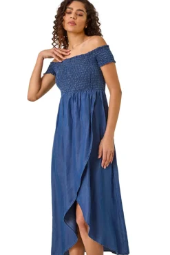 Roman Denim Bardot Shirred Maxi Dress