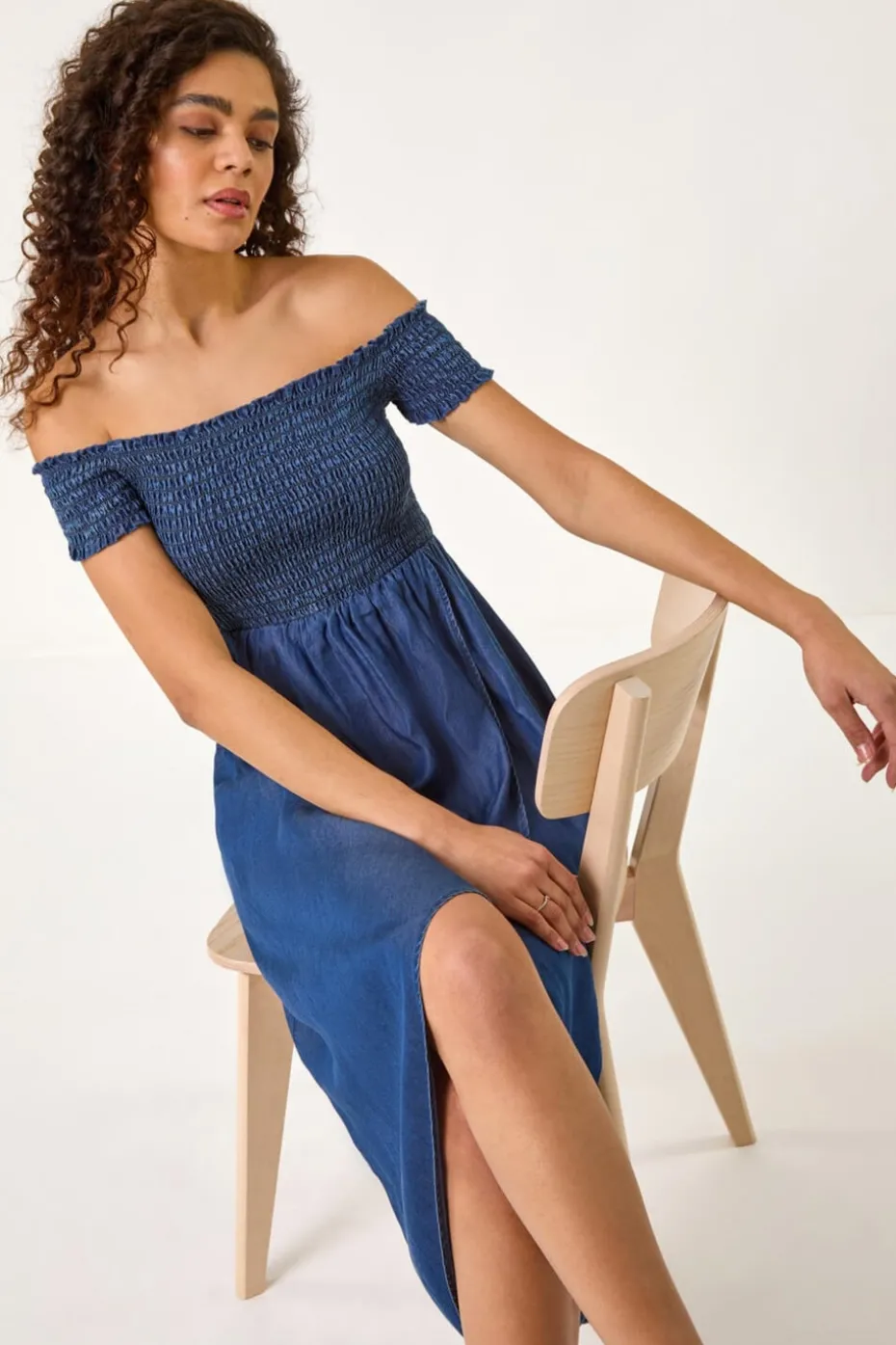 Roman Denim Bardot Shirred Maxi Dress