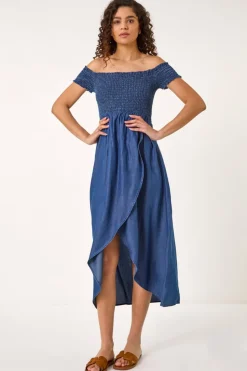 Roman Denim Bardot Shirred Maxi Dress