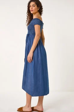 Roman Denim Bardot Shirred Maxi Dress