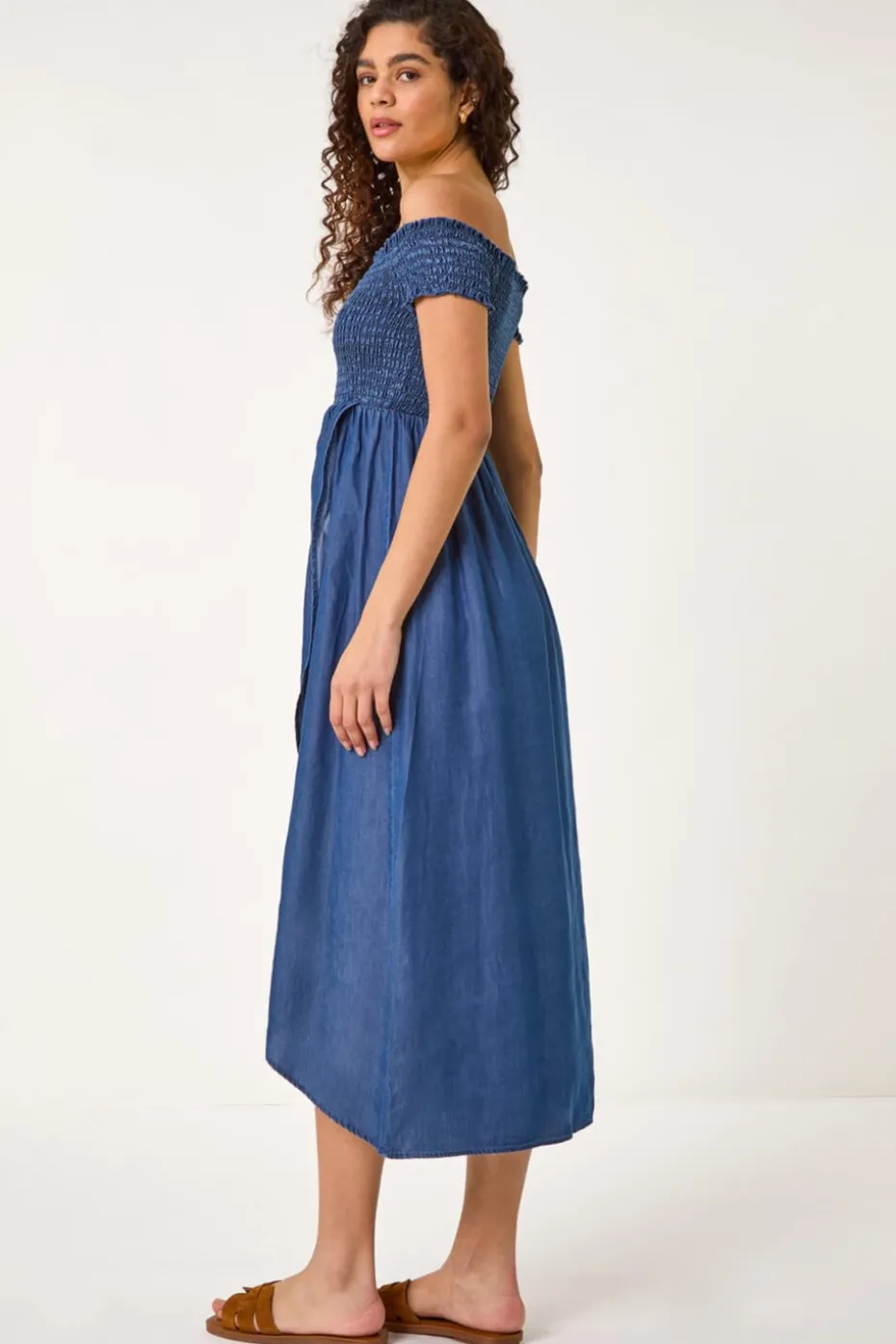 Roman Denim Bardot Shirred Maxi Dress