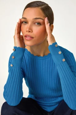 Roman Denim Button Detail Ribbed Longline Jumper