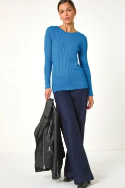 Roman Denim Button Detail Ribbed Longline Jumper