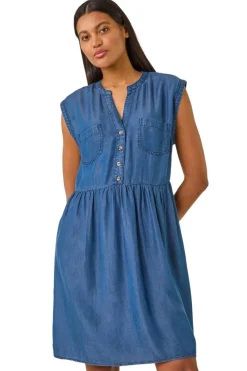 Roman Denim Button Detail Gathered Dress