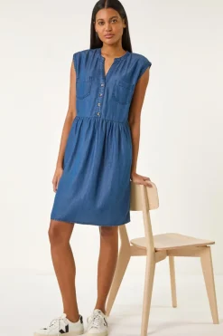 Roman Denim Button Detail Gathered Dress