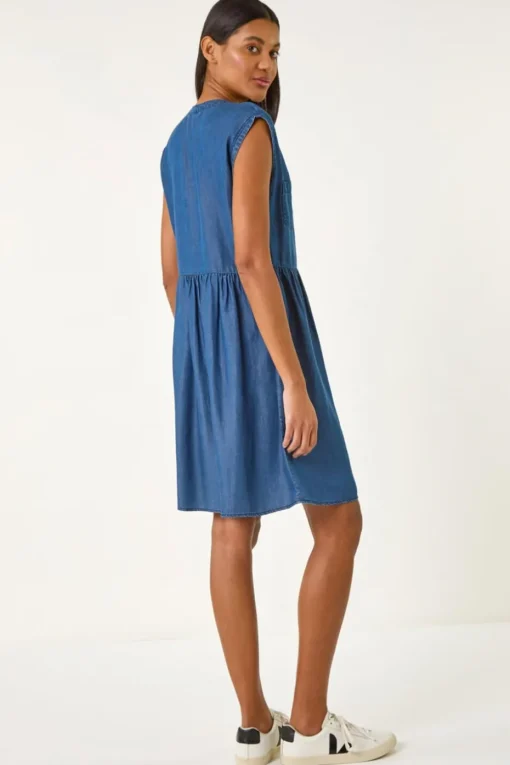 Roman Denim Button Detail Gathered Dress