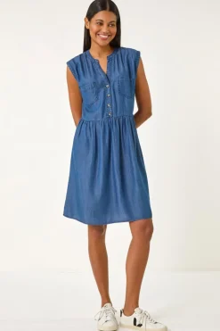 Roman Denim Button Detail Gathered Dress