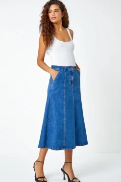 Roman Denim Cotton Denim Panelled Midi Skirt