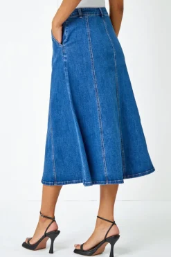 Roman Denim Cotton Denim Panelled Midi Skirt
