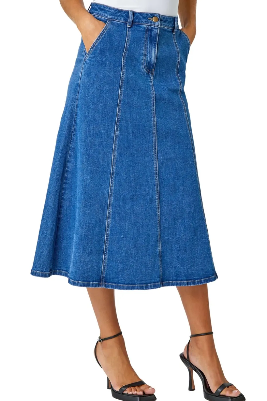Roman Denim Cotton Denim Panelled Midi Skirt