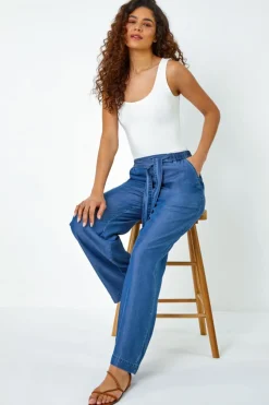 Roman Denim Elastic Tie Waist Pocket Trousers