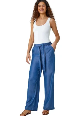 Roman Denim Elastic Tie Waist Pocket Trousers