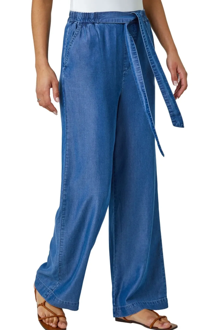 Roman Denim Elastic Tie Waist Pocket Trousers