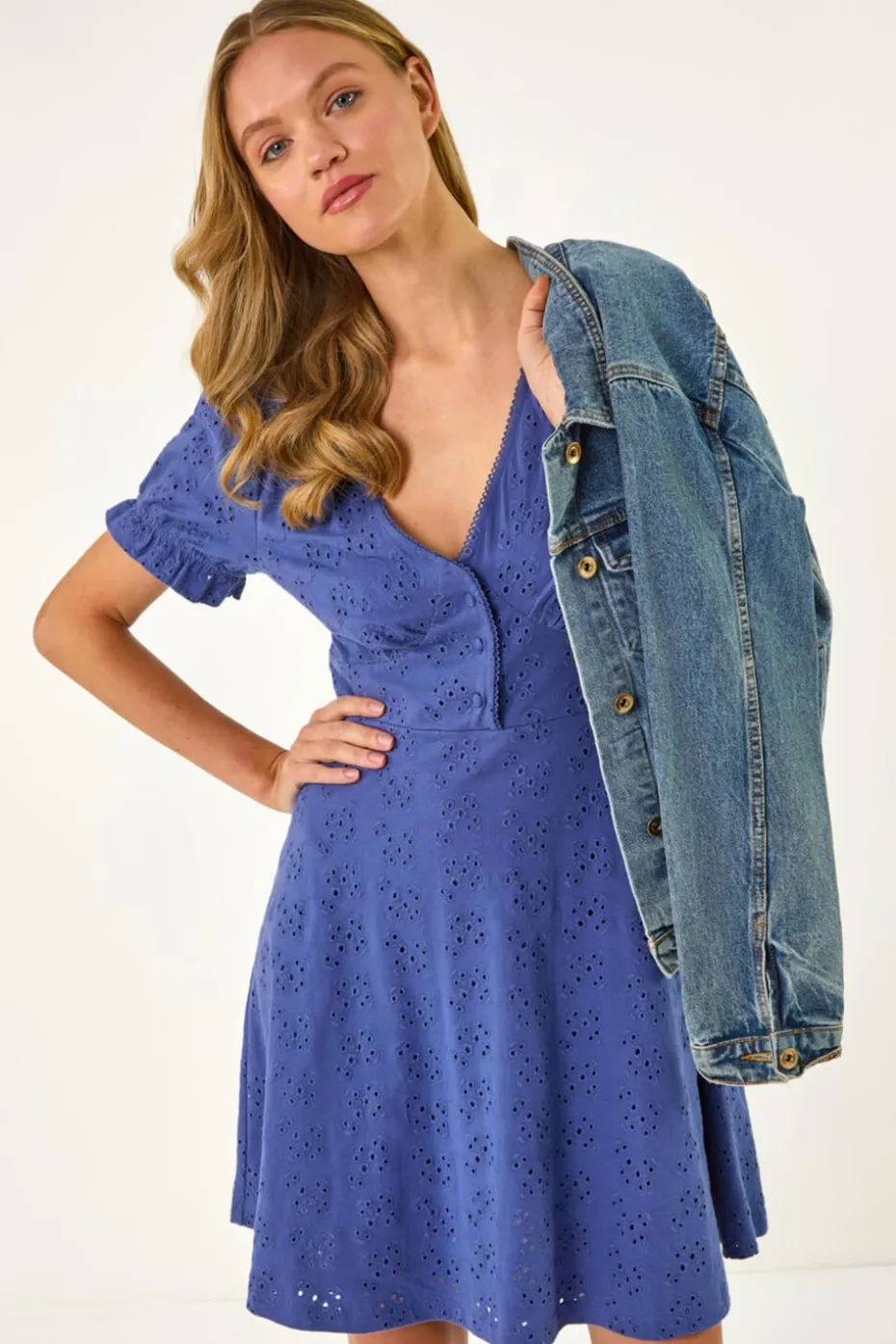 Roman Denim Embroidered Cotton Stretch Frill Dress