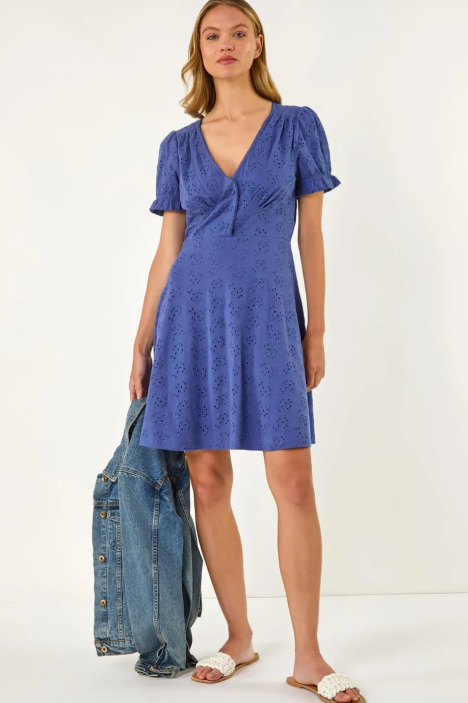 Roman Denim Embroidered Cotton Stretch Frill Dress