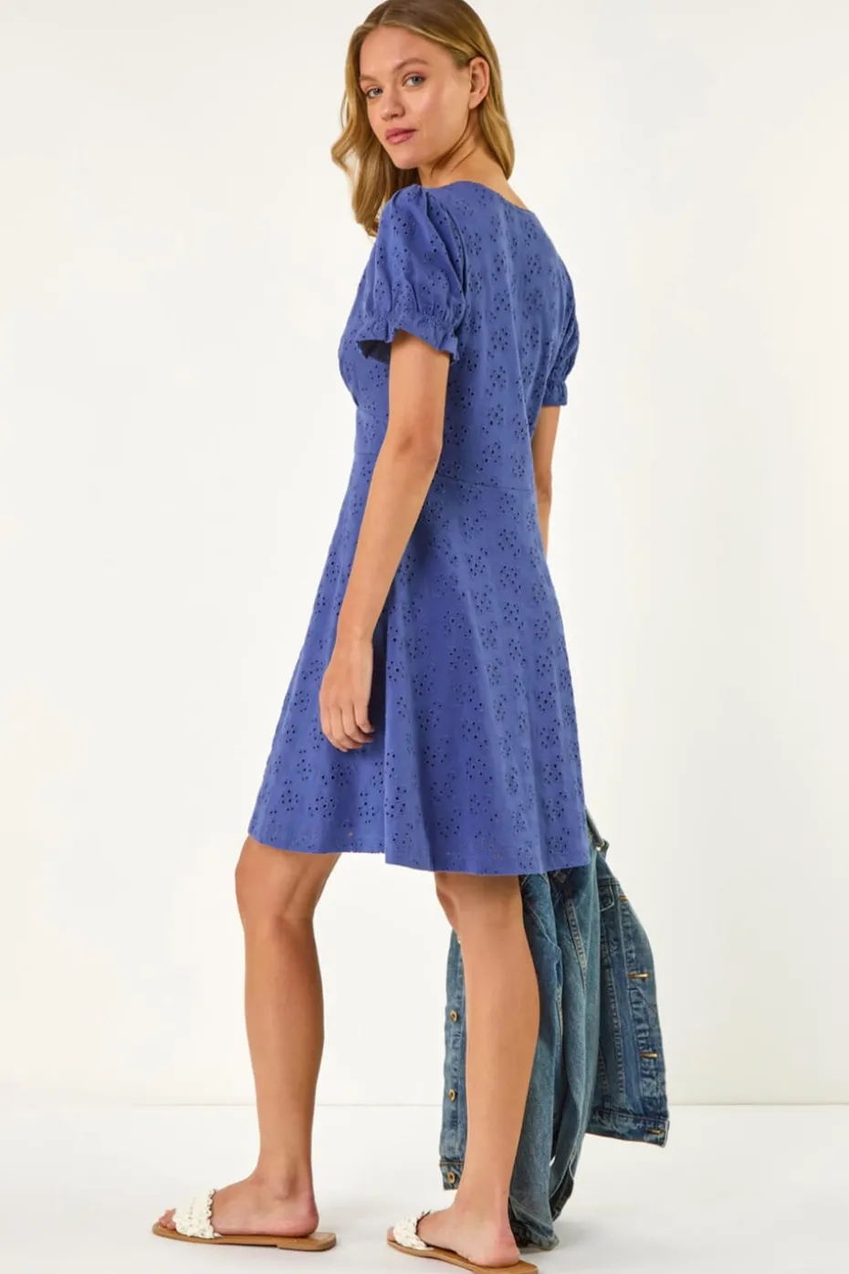 Roman Denim Embroidered Cotton Stretch Frill Dress