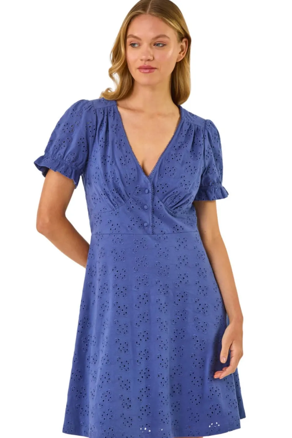 Roman Denim Embroidered Cotton Stretch Frill Dress