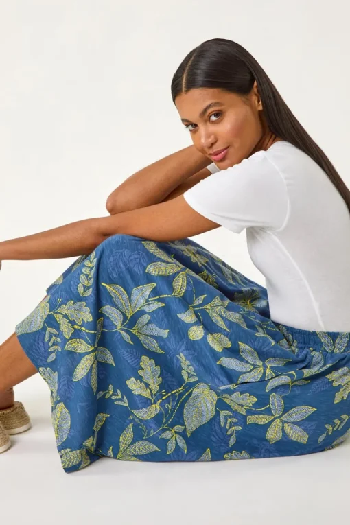 Roman Denim Leaf Print A-Line Skirt