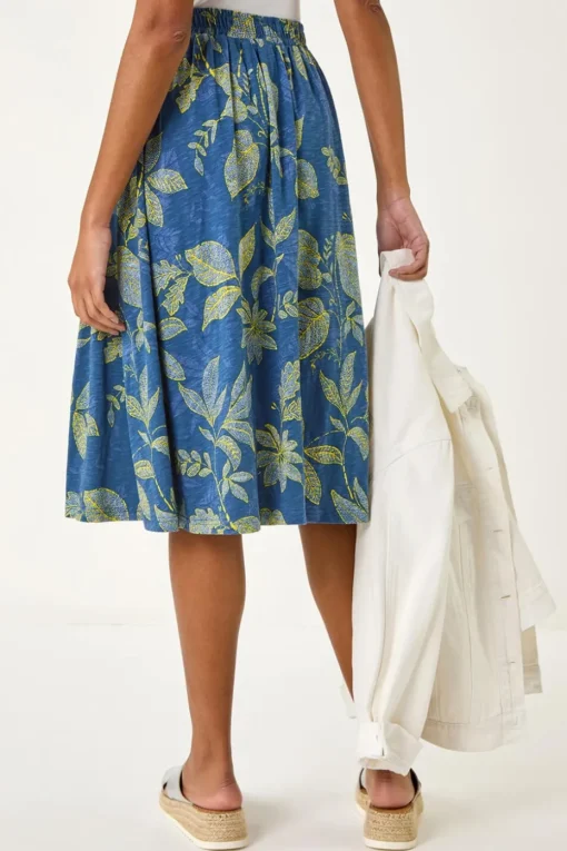 Roman Denim Leaf Print A-Line Skirt