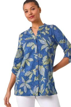 Roman Denim Leaf Print Cotton Blouse