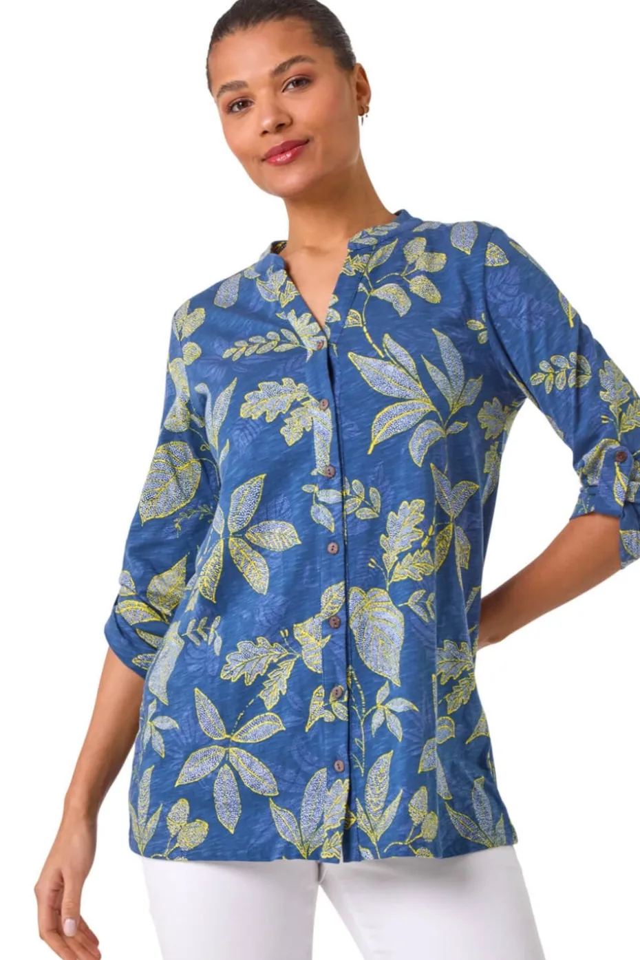 Roman Denim Leaf Print Cotton Blouse