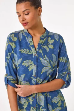 Roman Denim Leaf Print Cotton Blouse