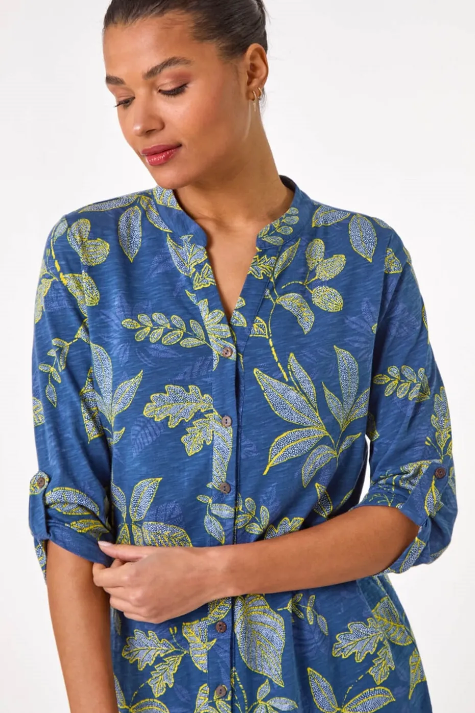Roman Denim Leaf Print Cotton Blouse