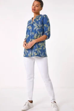Roman Denim Leaf Print Cotton Blouse