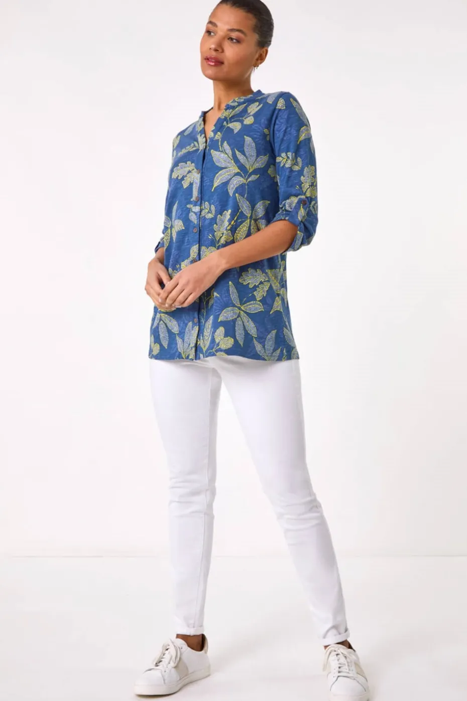 Roman Denim Leaf Print Cotton Blouse