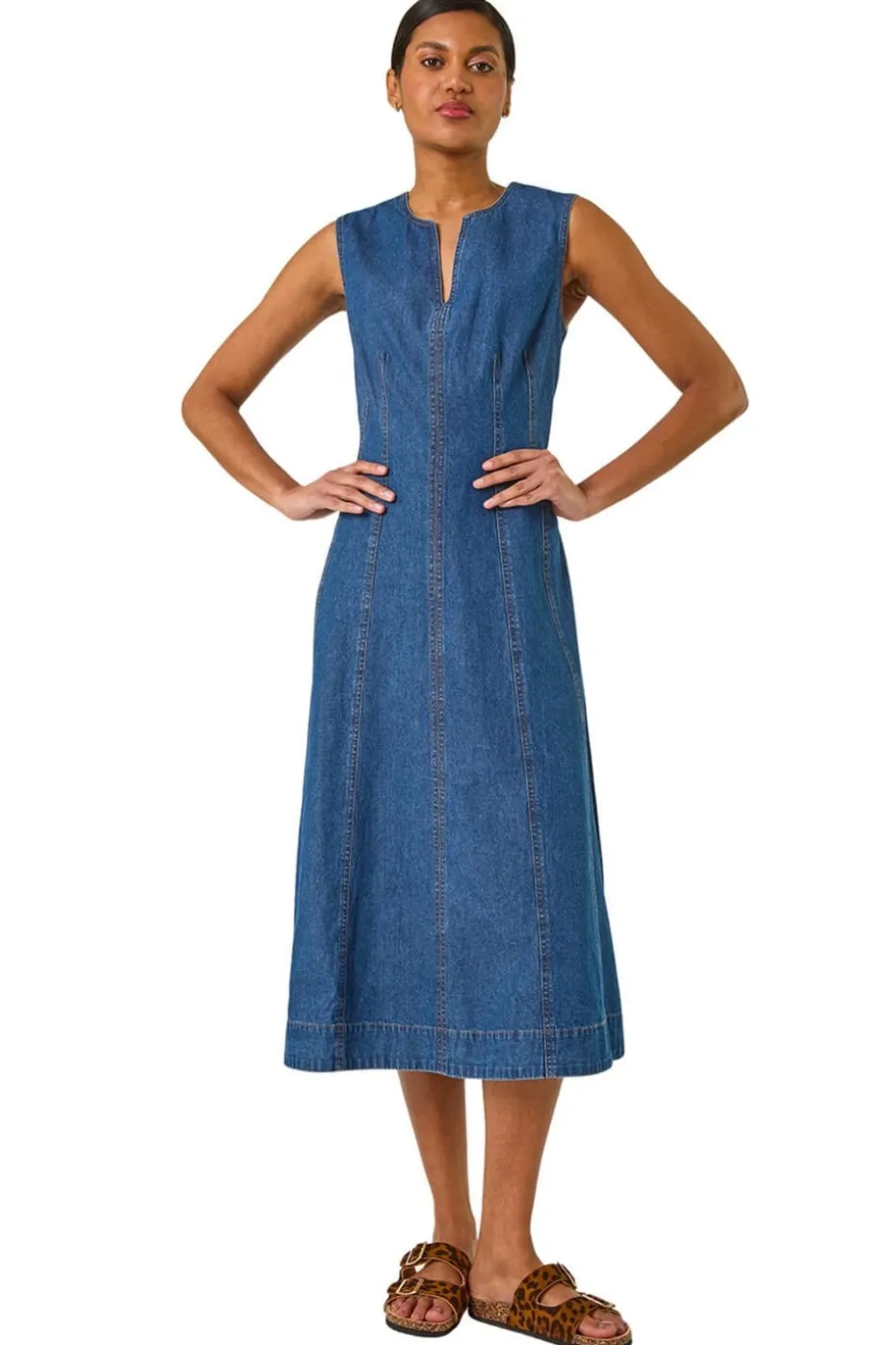 Roman Denim Panel Detail Midi Dress
