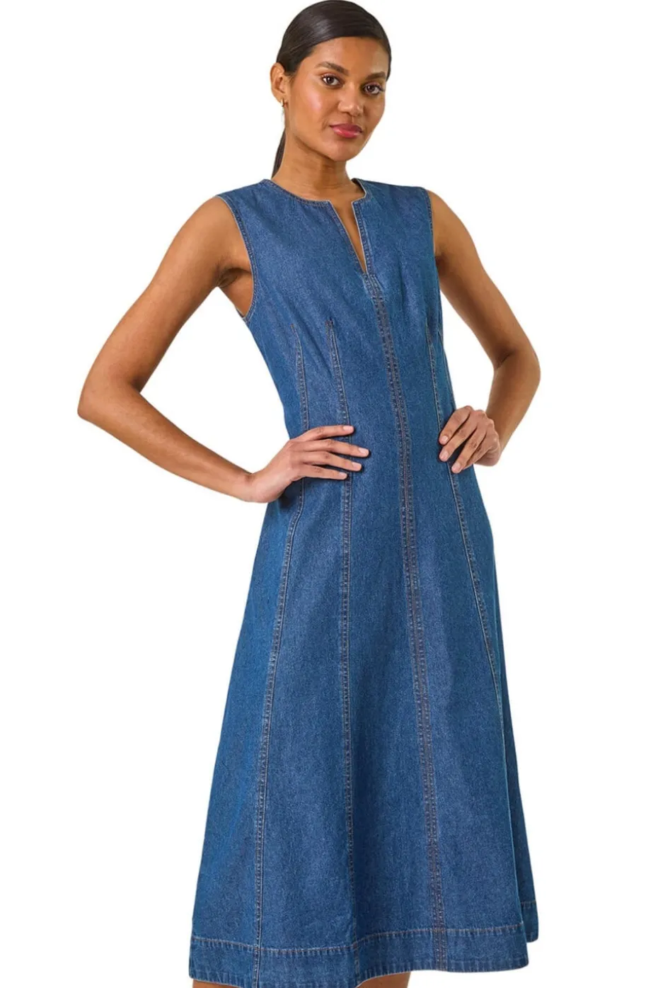 Roman Denim Panel Detail Midi Dress
