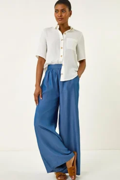 Roman Denim Pleated Full Length Wide Leg Trouser