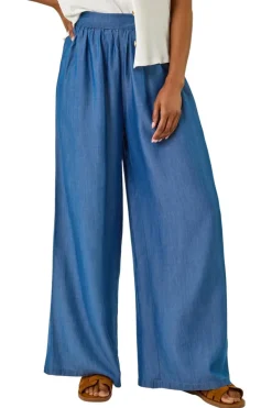 Roman Denim Pleated Full Length Wide Leg Trouser