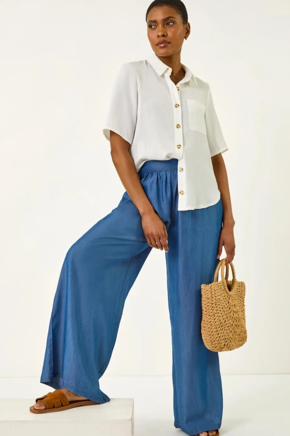 Roman Denim Pleated Full Length Wide Leg Trouser