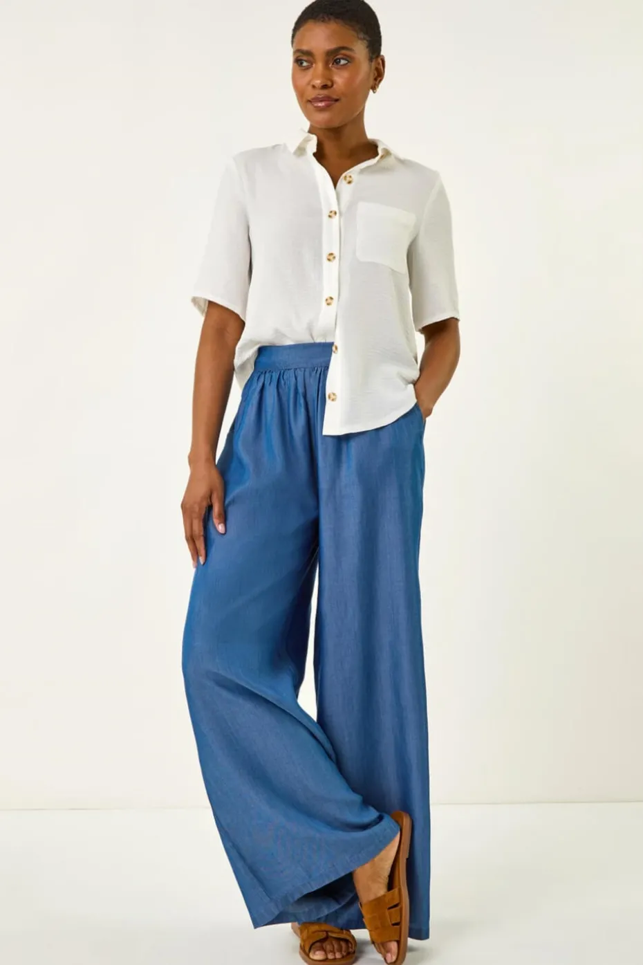 Roman Denim Pleated Full Length Wide Leg Trouser